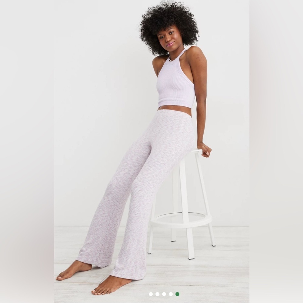 Aerie Flare Leg Purple White Marled Knit Pants Elastic Waist Pull On Sz L Lounge